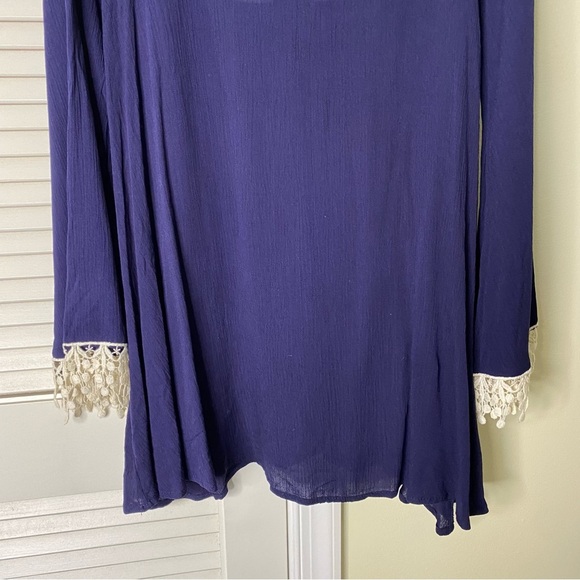 Iris Los Angeles Crochet trim Boho Beach Cover Up Size Small Bell Sleeve Blue - Picture 7 of 11